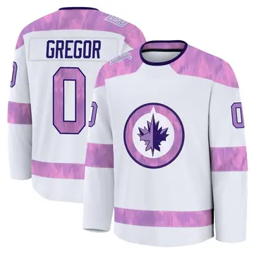 Youth Noah Gregor Winnipeg Jets ＃0 Premium White 2024 Hockey Fights Cancer Practice Jersey